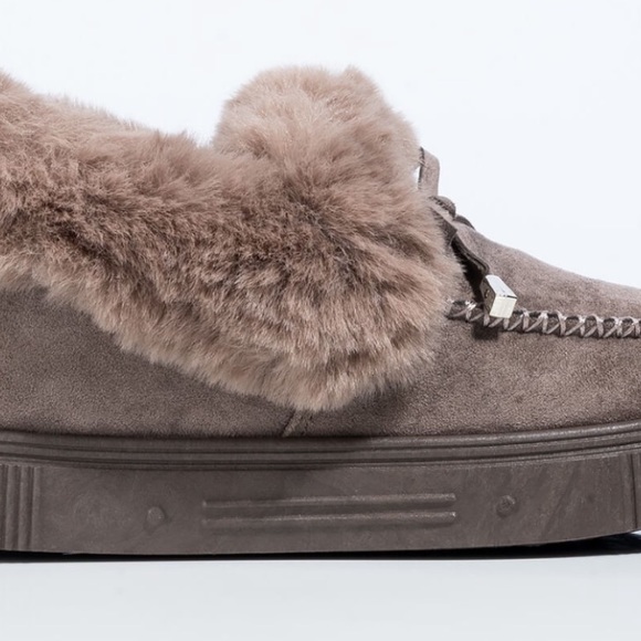 Taupe Fuzzy Slip-on Moccasin Slippers - Picture 8 of 11